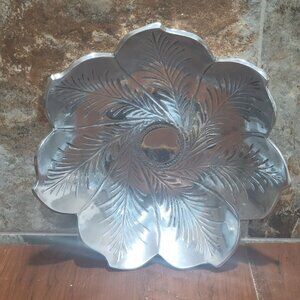 Flower Shaped Silver Tone Metal Cast Aluminum Serving Bowl 12 Inches Boho Decor